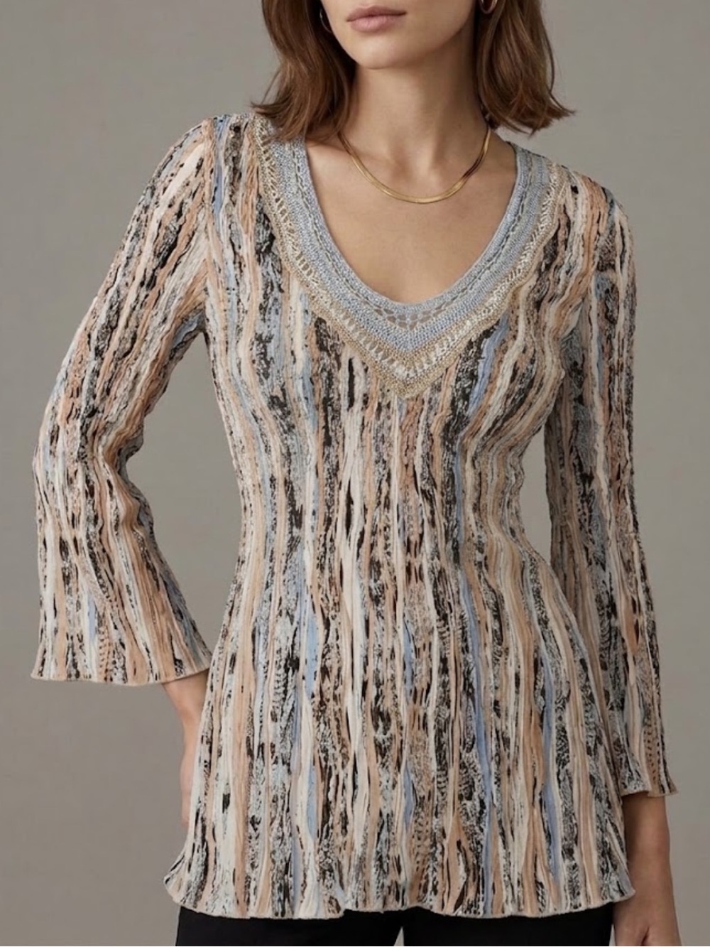 Alberto Makali Abstract Striped Crinkle Top Small Bell Sleeve Crochet 90's Retro